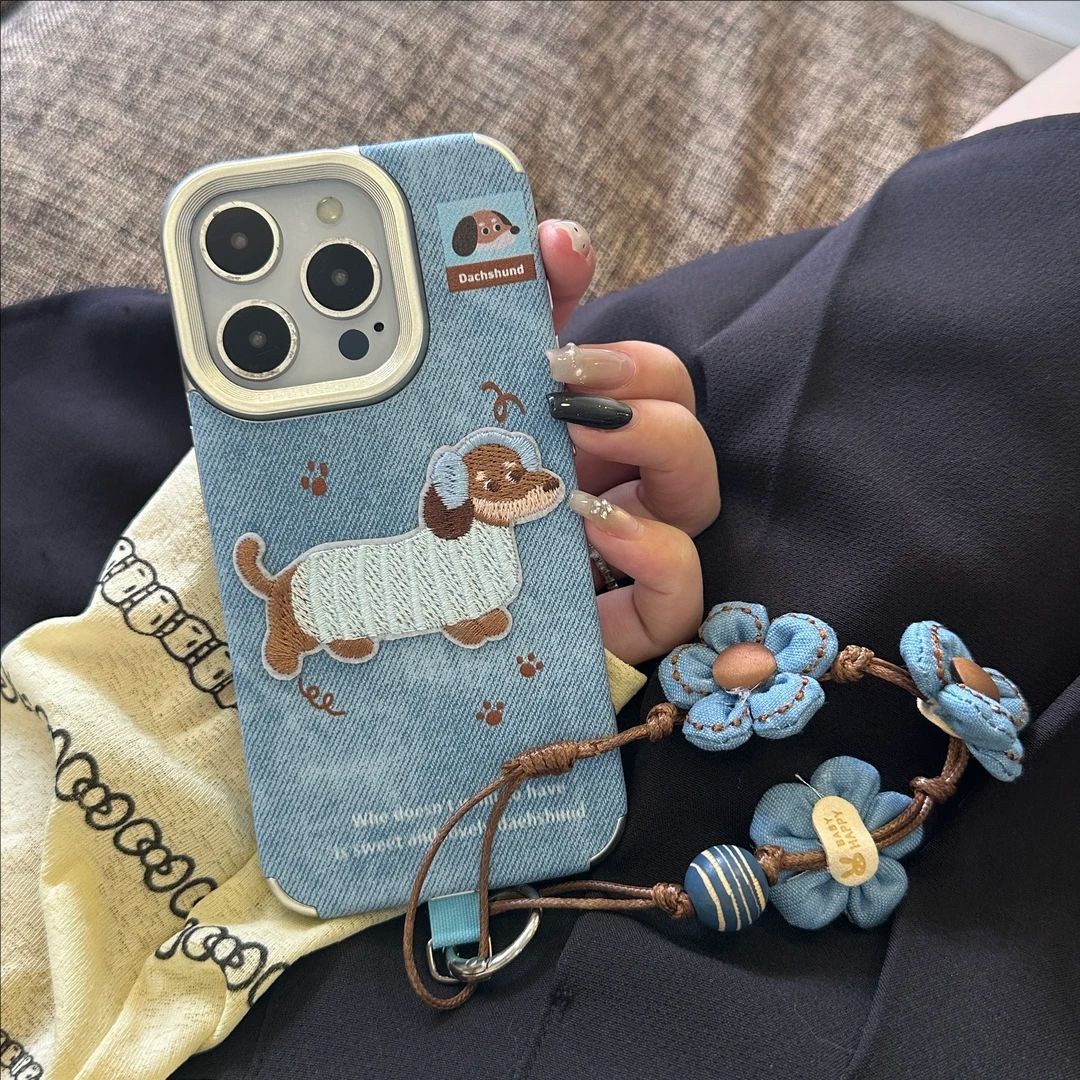 Embroidered Denim Leather Dachshund Suitable for Apple 17 Mobile Phone Case Iphone16/15 Hand Strap Electroplating Classy 14
