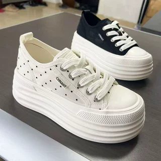 【格西新品】波点低帮帆布鞋女夏薄款透气厚底增高休闲板鞋运动