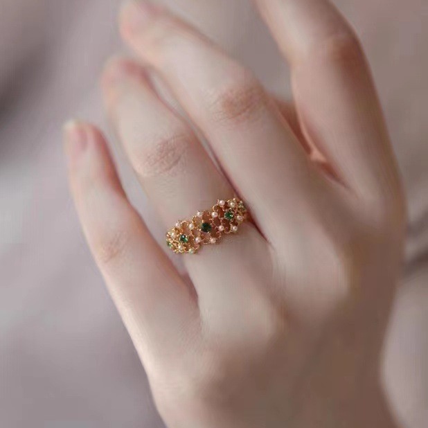 小巧復古縷空蕾絲祖母綠鑲嵌貝珠開口戒指女黃金鍍金優雅珍珠女戒