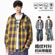 男士复古格子长袖衬衫连帽外套秋冬季新款宽松休闲时尚百搭情侣款