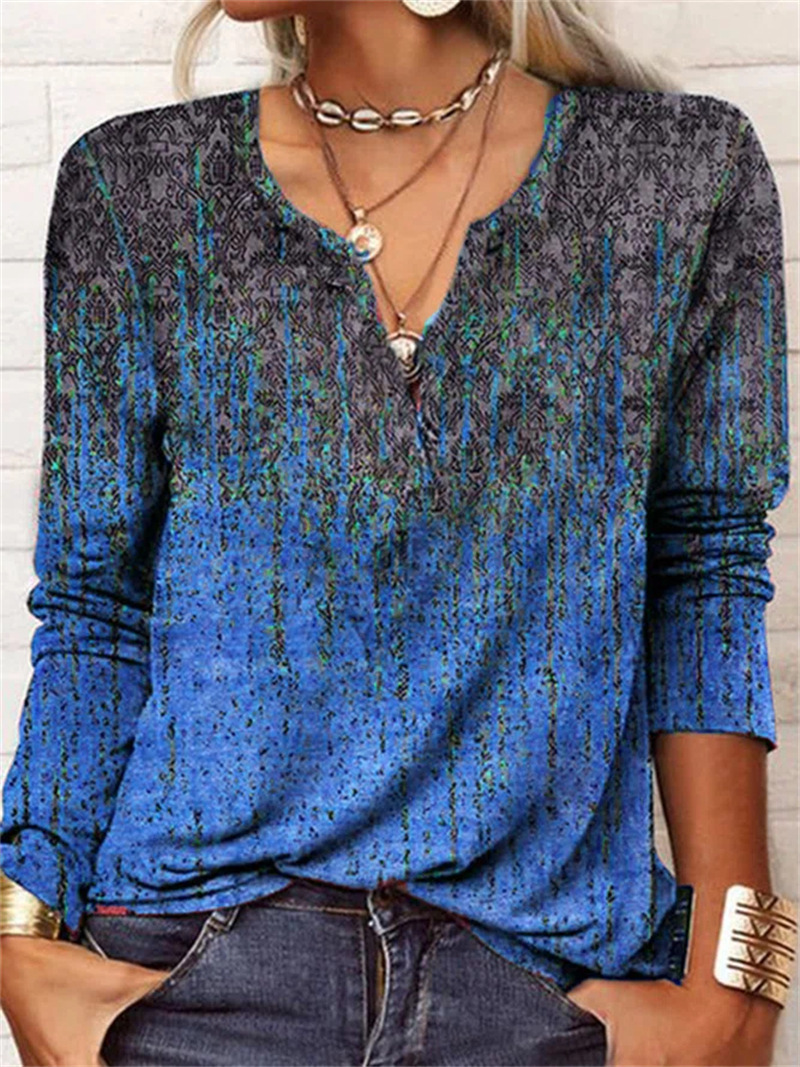 Fashion Color Block V Neck Long Sleeve Regular Sleeve Printing T-shirt