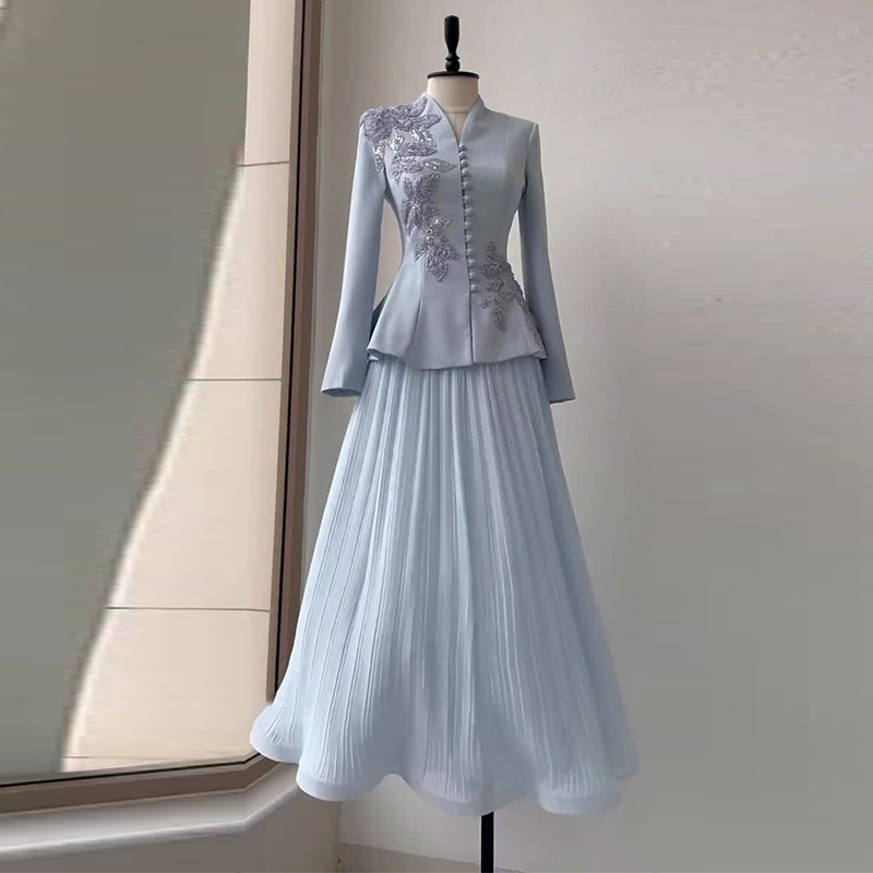 Conjunto de pantalón para mujer plisado con perlas elegante_voghion.com
