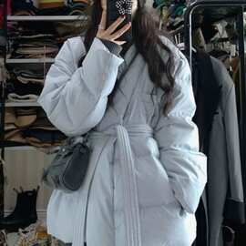 蓝色羽绒服女款冬季2025新款小个子系带收腰显瘦保暖棉衣棉服外套