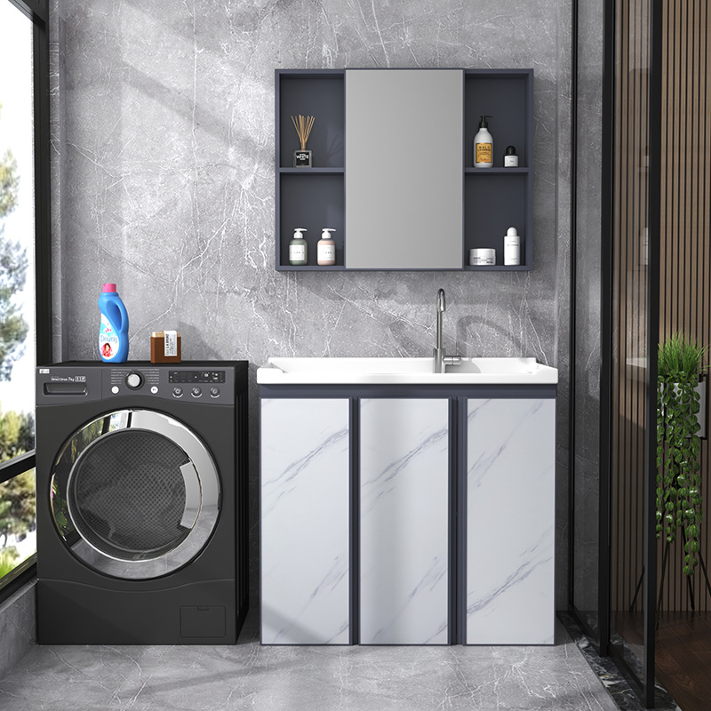 Armario de lavado de aluminio espacio gabinete de piso al aire libre Lavado de Manos cuenca integrada balcón piscina de lavado con lavabo de cerámica lavabo