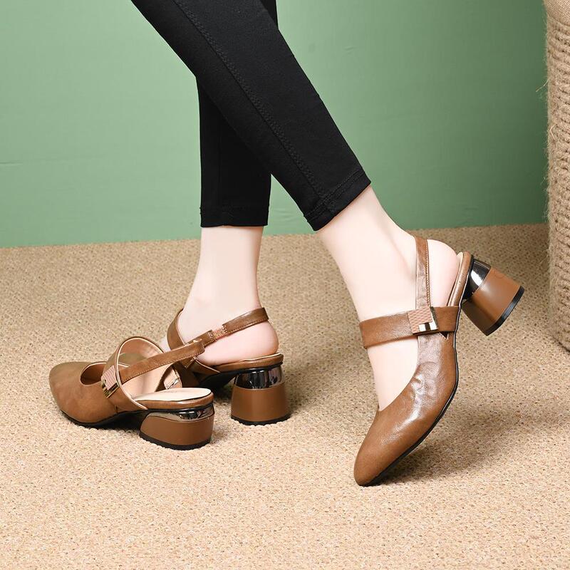 Summer New Style Pointed Toe Thick Heel Sandals for Women, Medium Heel, Toe Cap, Hollow Elastic Band, Simple Style Shoes