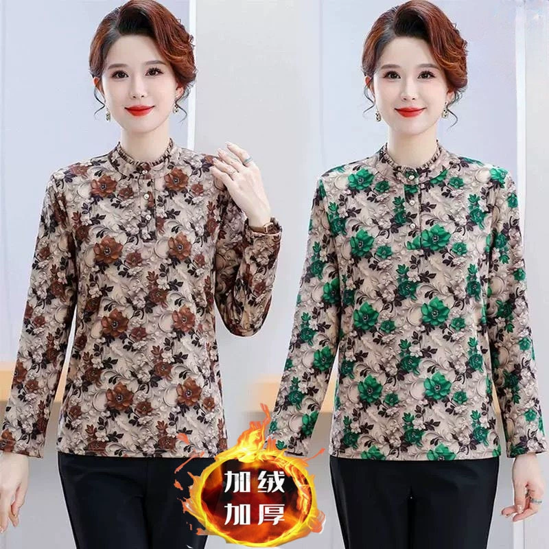 Зимняя флисовая утепленная футболка для женщин среднего возраста 2025 года, универсальный стильный базовый топ большого размера для мам