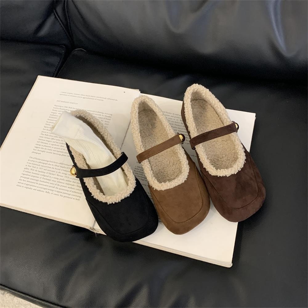 Retro insulated demi-season suede Mary Jane shoes square toe with a…
