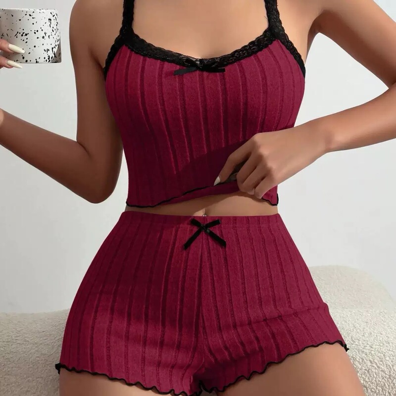 Cross-Border Hot-Selling Foreign Trade New Fashion Ribbed Casual Women's Loungewear Set with Bowknot Camisole Two-Piece Set