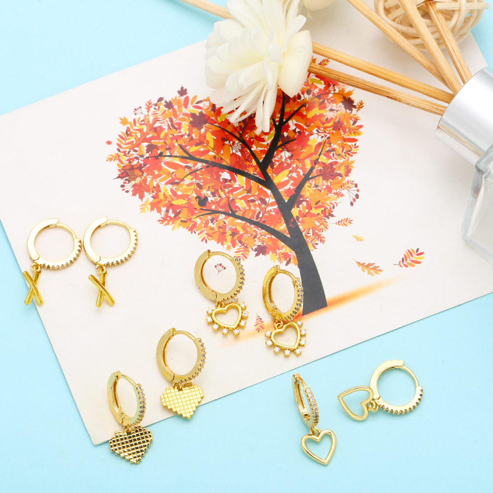 Retro Cross Heart Shape Copper Inlay Zircon Drop Earrings 1 Pair