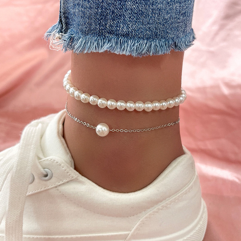 European And American Fashion Simple Double Layered Pearl Anklet Two-piece Set display picture 1