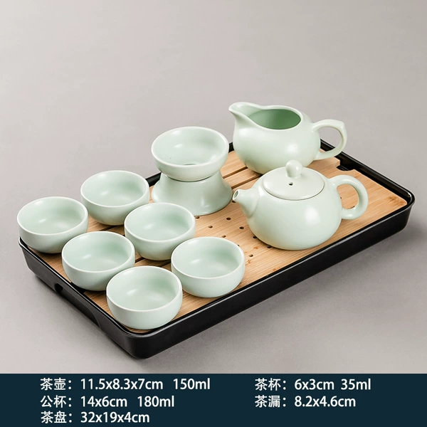 10-head Dingyao plum green Xishi teapot + melamine medium rectangular Xiangyun black tea tray 32cm