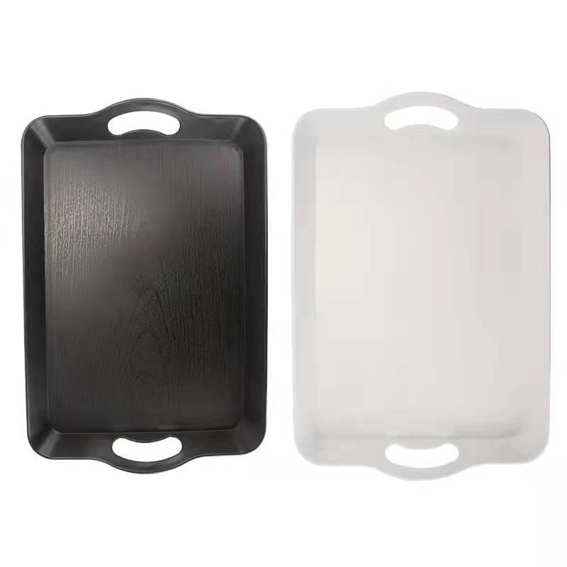 Japanese-style Tray Wood Pattern Plastic Dish Rectangular Large Hotel Restaurant Black Non-slip Portable Tray with Handle