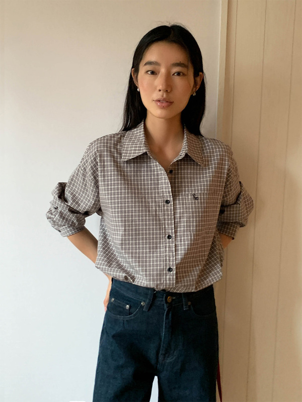 MOXI 十三行女装秋季新款女式衬衫女慵懒宽松格子绣花衬衣上衣女|undefined