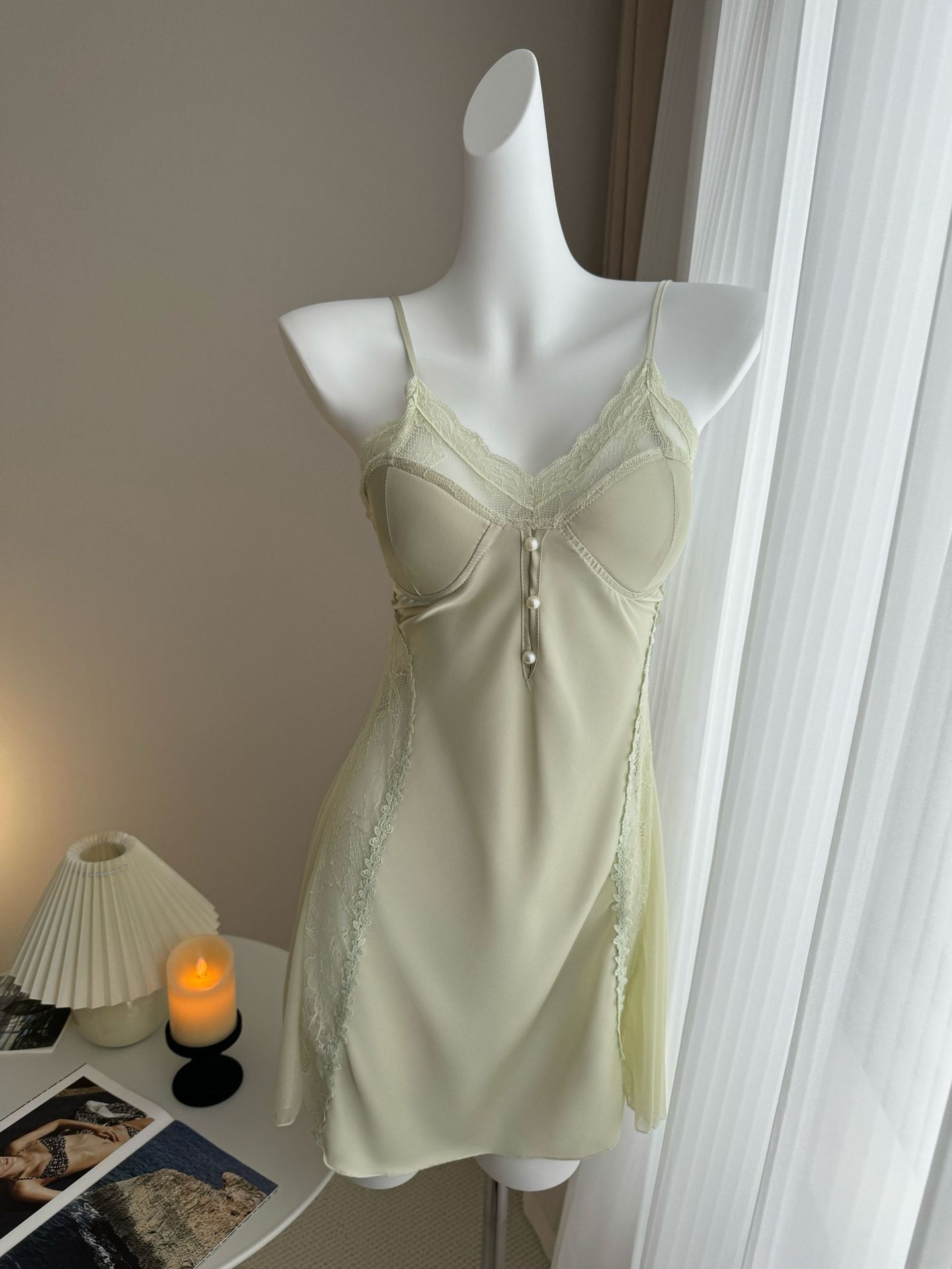 녹색 깊은 V넥 섹시 슬립 드레스