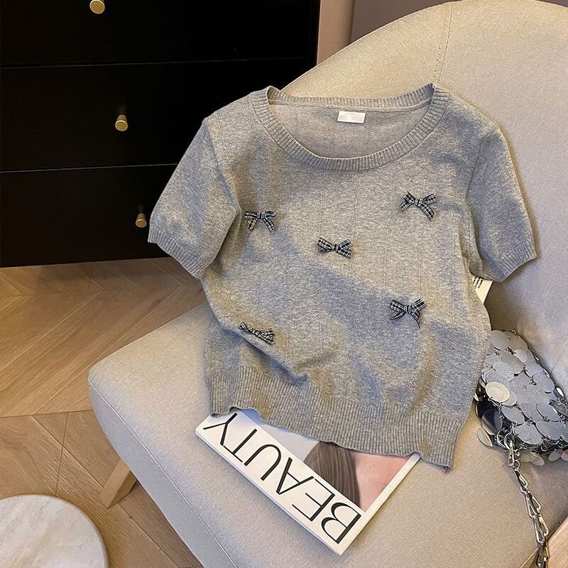 Thin Short-Sleeved T-Shirt Knitwear for Women 2026 Summer New Style Bow-Knot Short Round-Neck Sweater Half-Sleeved Top