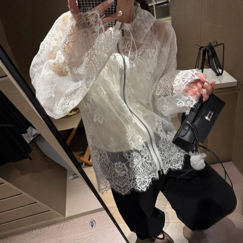 Jacket-Style Hooded Lace Shirt for Women, Summer Sun Protection Shirt, White Hollow-Out Loose Top, Long-Sleeved Shirt Jacket-Style Hooded Lace Shirt for Women, Summer Sun Protection Shirt, White Hollow-Out Loose Top, Long-Sleeved Shirt