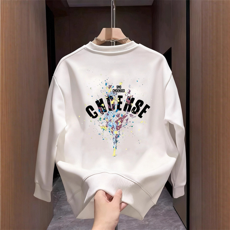 American-Style Autumn Comfortable Printed Back with Paint Dot Letters, Round Neck, Stylish Men's Sweatshirt, Trendy Casual Base Shirt