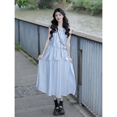 法式蓝色不规则无袖背心连衣裙子女夏季2025新款早秋穿搭蛋糕长裙