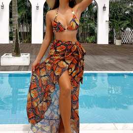 2026欧美风印花三件套外披女装跨境比基尼分体女bikini沙滩派对