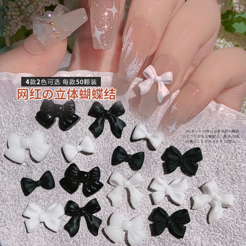 50 Pack Black and White Bow Nail Art Jewelry Internet Red Explosions Ribbon Bow Tie Resin Drill Wear Nail Decoration Drill