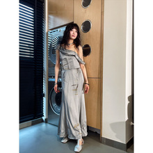 设计师女装 仙女国风系列真丝混纺泡泡肩带连衣裙