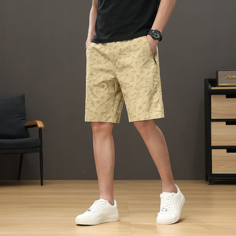 2025 Summer Pure Cotton Beach Pants Men's Medium Pants for Home Wear Loose Printed Casual Shorts Men's Five-Point Pants