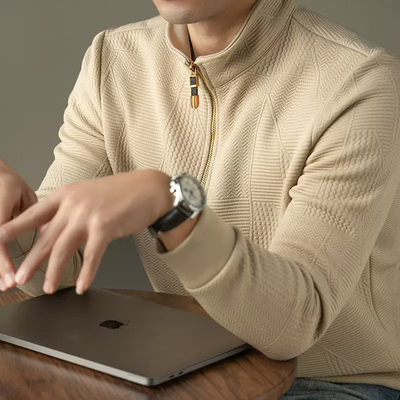 高档男士长袖T恤老钱风男装轻奢百搭中年拉链领卫衣男打底衫上衣