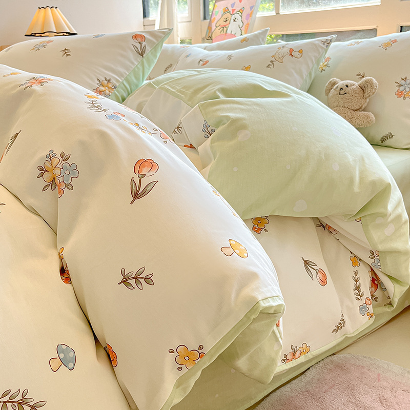 Cama de algodón cuatro piezas de sábanas de algodón cubierta dormitorio único pequeño fresco tres piezas de Nantong ropa de cama al por mayor