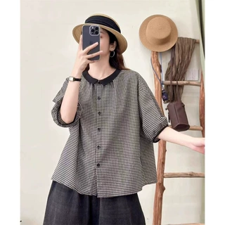 2025夏季新款文艺风宽松大码女装娃娃领减龄棉麻格子短袖衬衫