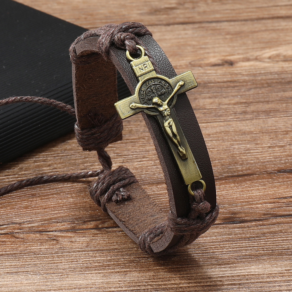 1 Piece Quantity Retro Cross Pu Leather Alloy Knitting Men's Bangle Men Cord & Leather Bracelets