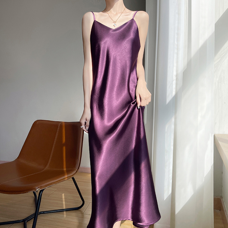 Gilded Satin Strap Dress 2025 Summer New Satin Drape Strap Dress Anti-Silk Long Dress