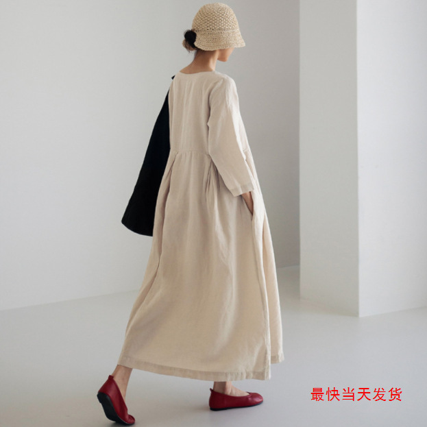 Plus-Size Loose Cotton-Linen Dress, Bf Pullover Round-Neck Over-The-Knee Long Dress, Stylish College Style Mori Girl Base Shirt, Trendy