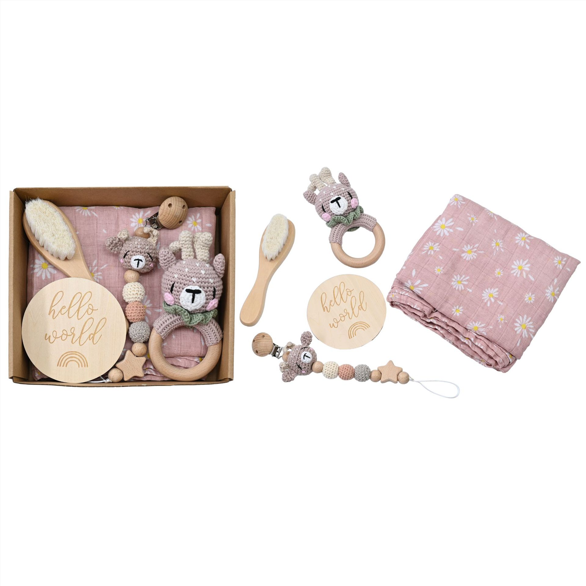 Animales explosivos bebés crochet set de madera de campana caja de regalo de nacimiento tetina cadena bebés de luna llena regalo