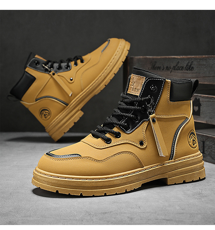 Autumn men's shoes High top British style work big yellow boots men's all-in-one platform ankle boots_voghion.com