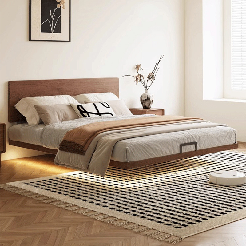 Cama de nogal nórdico de madera maciza pura con cabecera muy delgada, nuevo marco de fila de madera de haya, cama suspendida de apartamento pequeño minimalista moderno