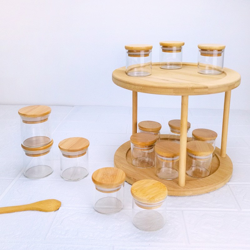 Bamboo rotatable removable storage jar home kitchen round two-layer storage rack new wholesale