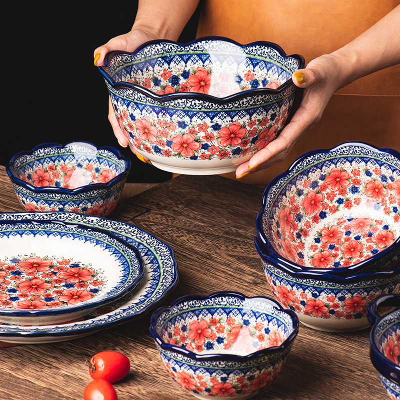 Bowl dish suit household vintage tableware ceramic rice bowl salad bowl personal creative plate double ear bowl cross border
