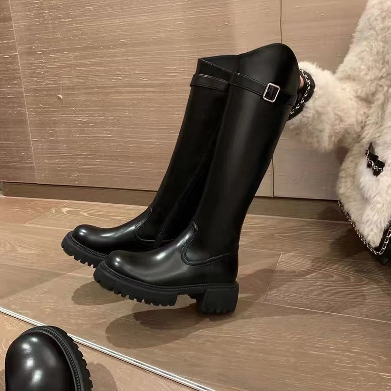 Inner Height Increase Thick-soled Boots Women's Autumn and Winter New Crosscut Buckle Rider Boots But Knee Slimming Boots Women's Boots