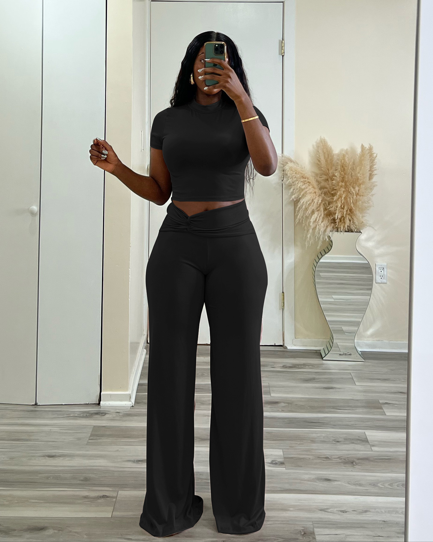 High Waisted Slimming Wide Leg Trouser And Top Two Piece Set_voghion.com