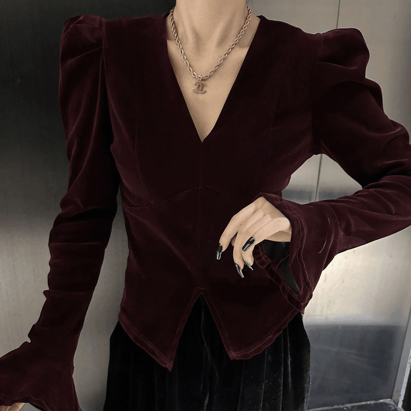 French Retro Velvet Versatile Waist Slit Puff Sleeve Shirt for Women 2025 Spring & Fall New Ladylike Elegant Top