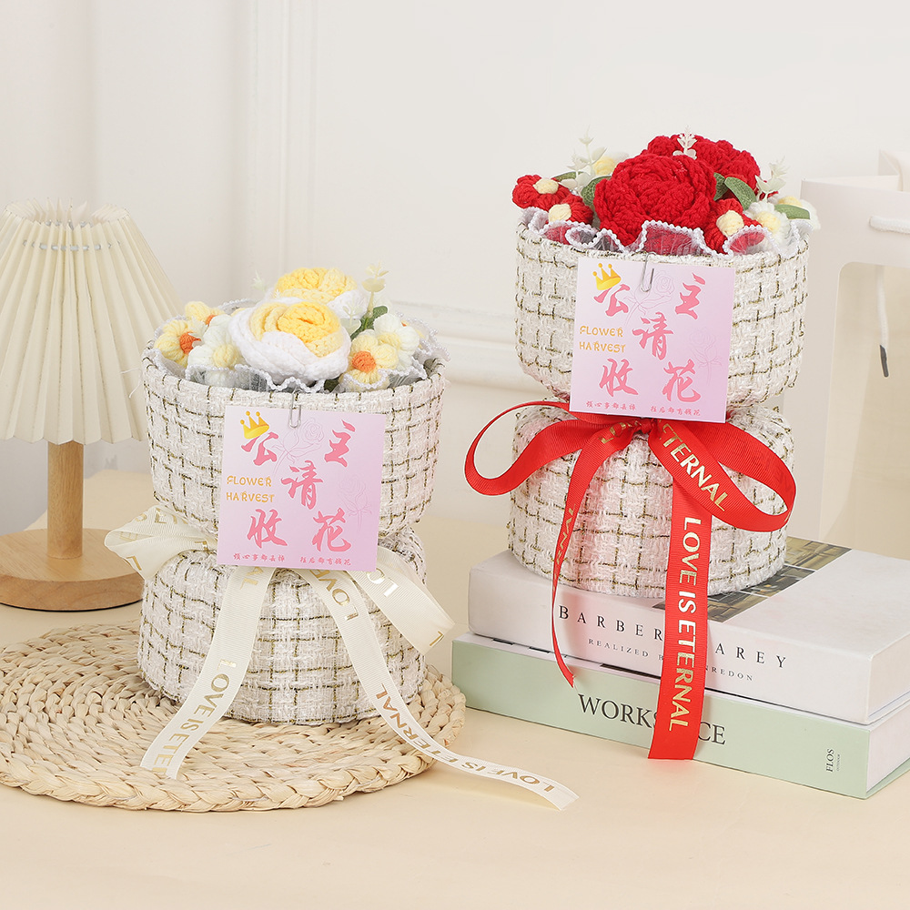 Día de la Madre Clavel de incienso pequeño tejido de flores de punto ramo de lana para esposa, novia, madre, regalo de cumpleaños