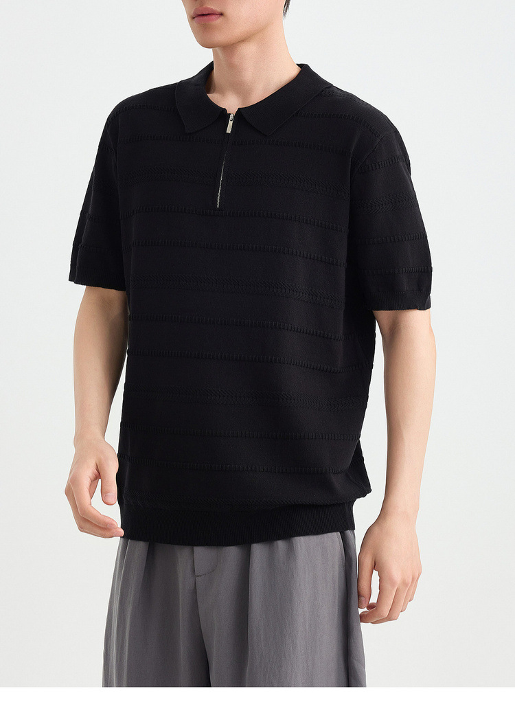 Áo polo nam tay ngắn cổ bẻ phối khóa kéo một nửa, chất liệu dệt kim hoa văn jacquard — đen chi tiết 31