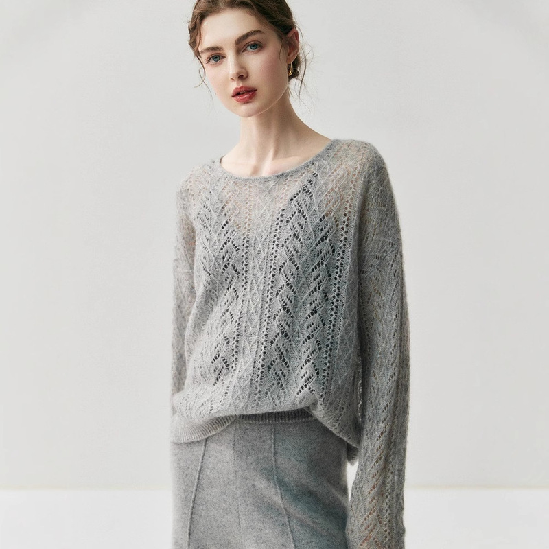 Herbalife Yarn ~ 75% Cashmere 25% Mulberry Silk Thin Knitwear for Women Cut Out Round Neck Loose Knitwear for Women