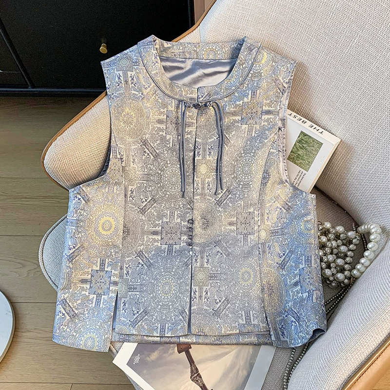 Новый китайский стиль жаккардовый жилет 2025 без рукавов новый круглый вырез плечо китайский ретро застежка жакет женский
