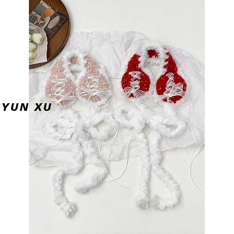 允旭/蝴蝶结绑带红色圣诞针织毛线耳罩女冬季加厚保暖防寒耳捂
