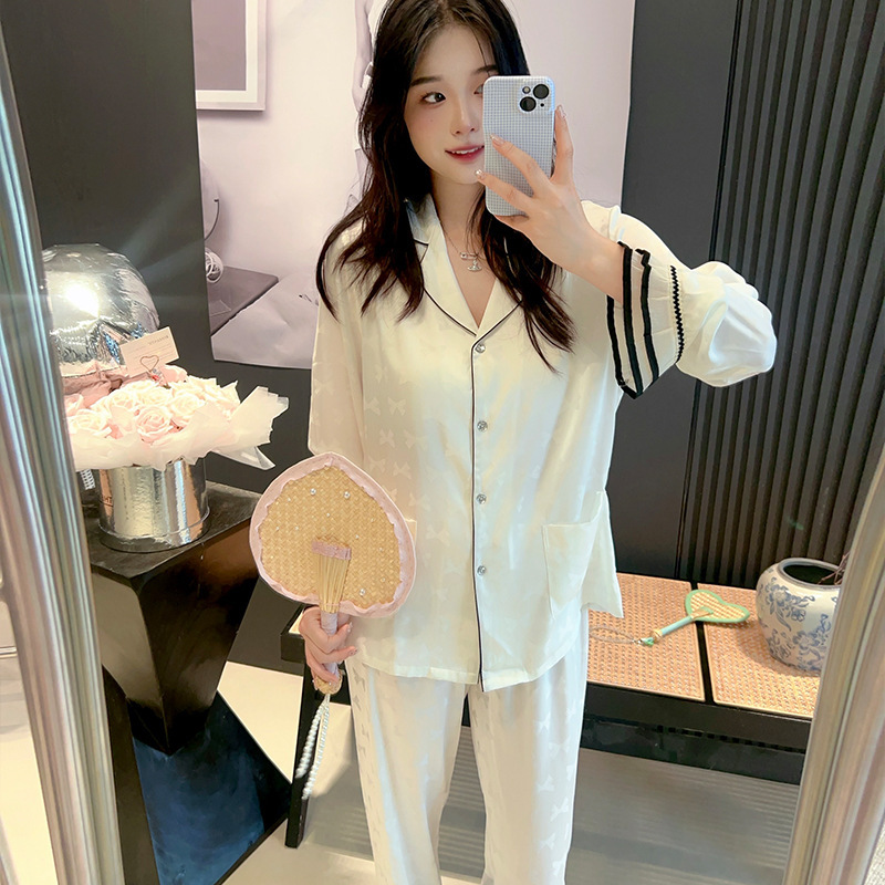 자카드 리본이 달린 흰색 긴팔 바지, 큰 레이스 색상