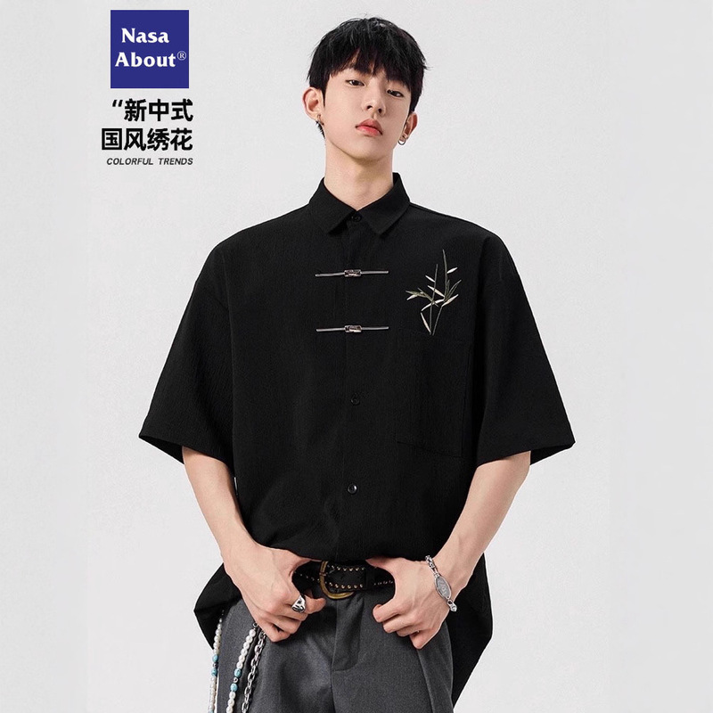 Nasa2026 New Ice Silk New Chinese Style Embroidered Short-Sleeved Shirt Men's Summer Trendy Design Shirt