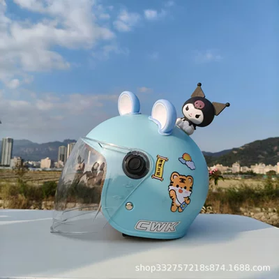 Motosiklet kaskı (dəbilqə): Helmet Autumn and Winter Battery - blue-tiger-high-definition-long-mirror-blue-and-white-bear-ears-black-kuzai-suitable-for-small-helmets-aged-1-5-years-old