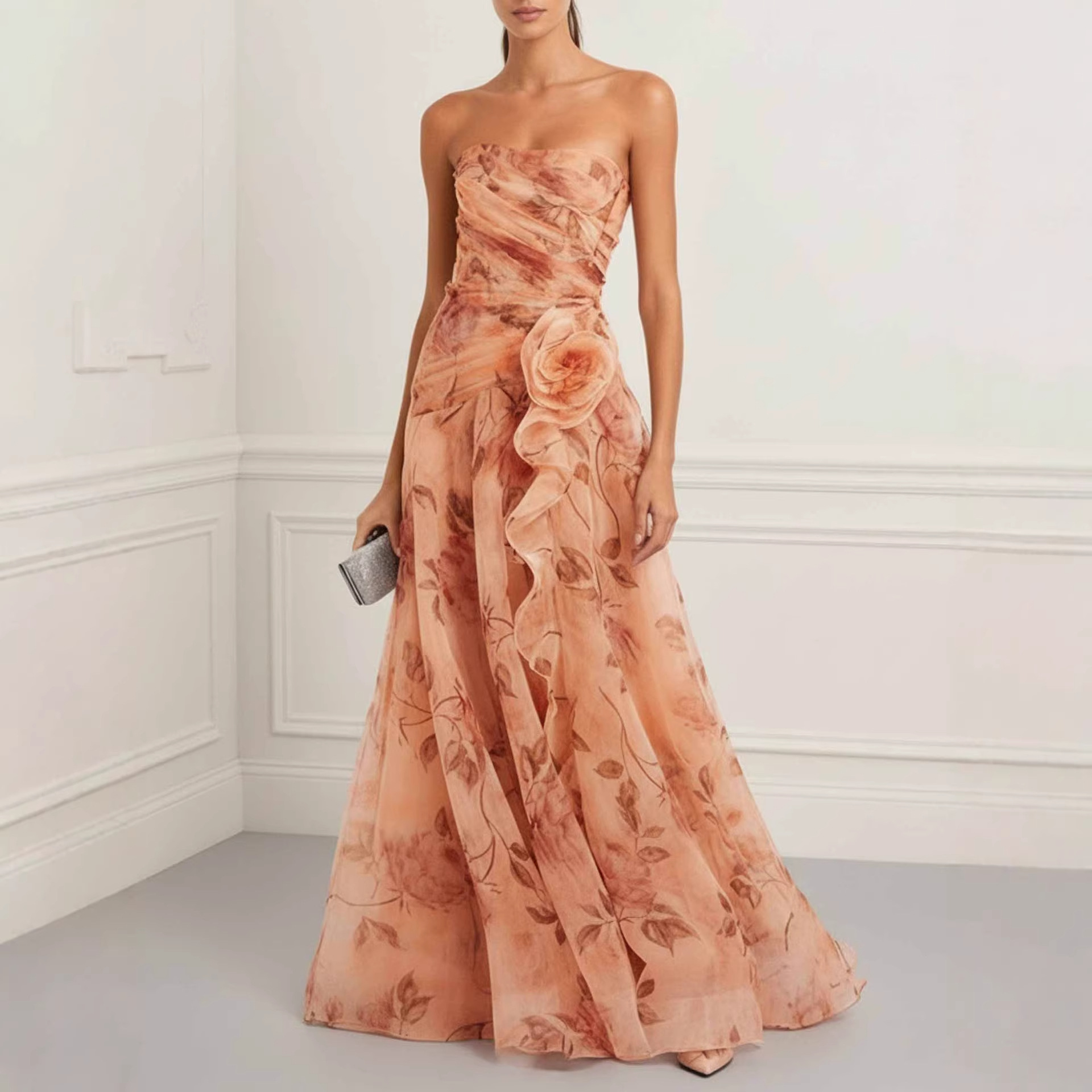 2026 European And American Cross-border Independent Site Party Elegant Ruched Strapless Printed Dress_ecoleips.com