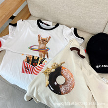 高版本夏新款買手店22romanchic甜甜圈爆米花貓咪短袖T恤拼色小眾